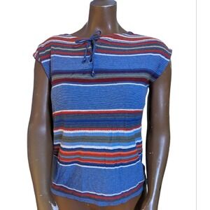 Chaps Denim women's lightweight red blue green striped knit blouse M linen blend